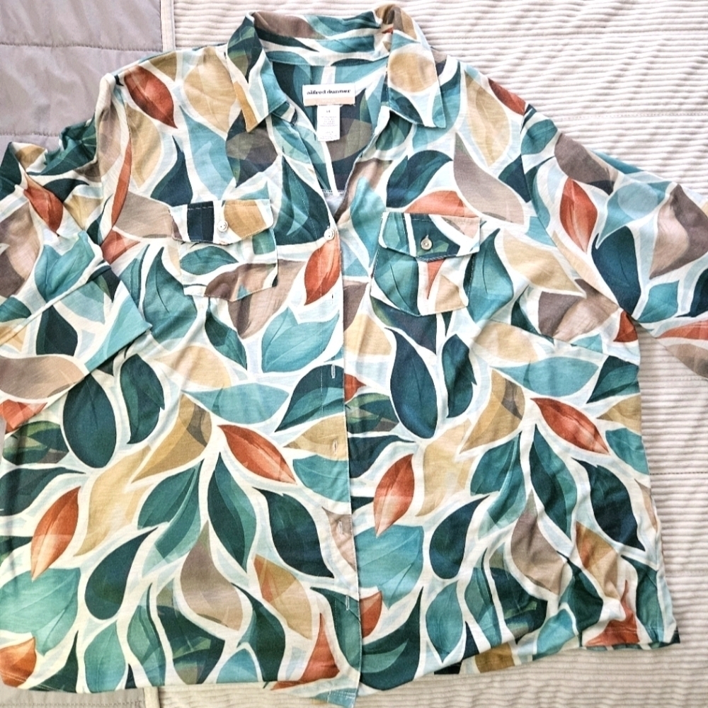 Alfred Dunner Colorful Leaf Print Button-Up Shirt Size 3X